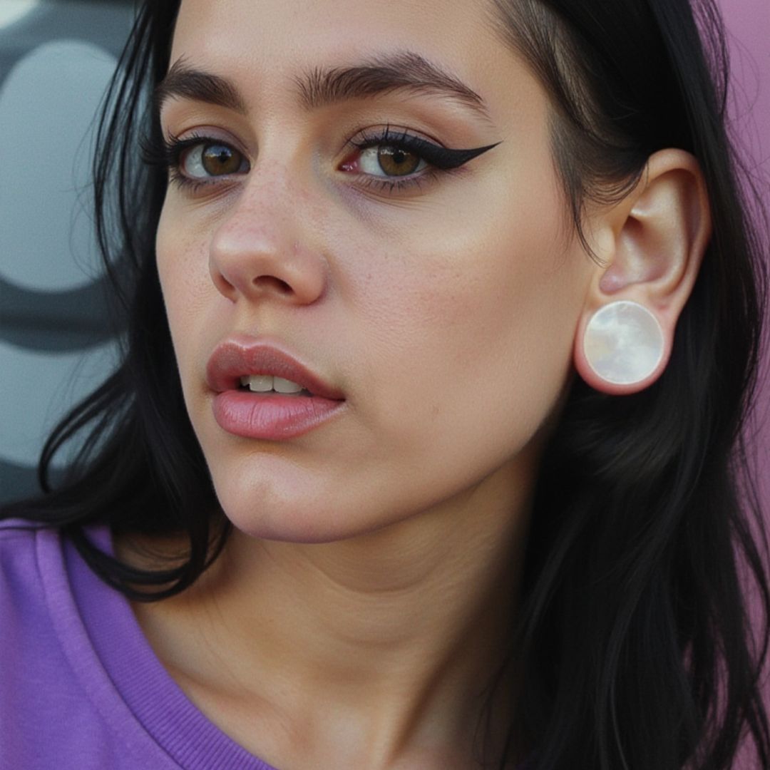 A woman wearing Icicle Quartz Plugs in her stretched ears