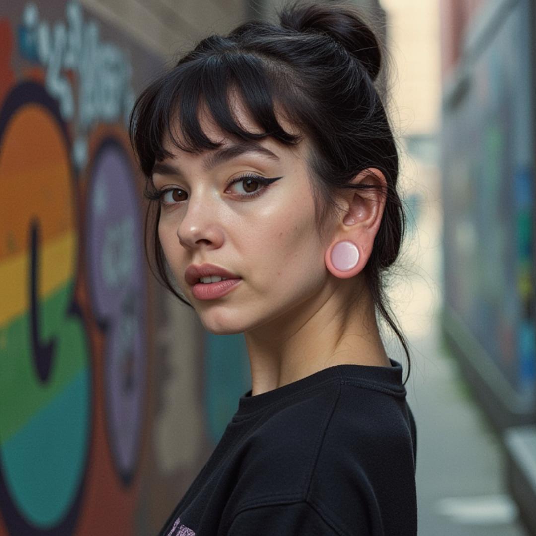 A female model wearing rose quartz plugs in her stretched ears
