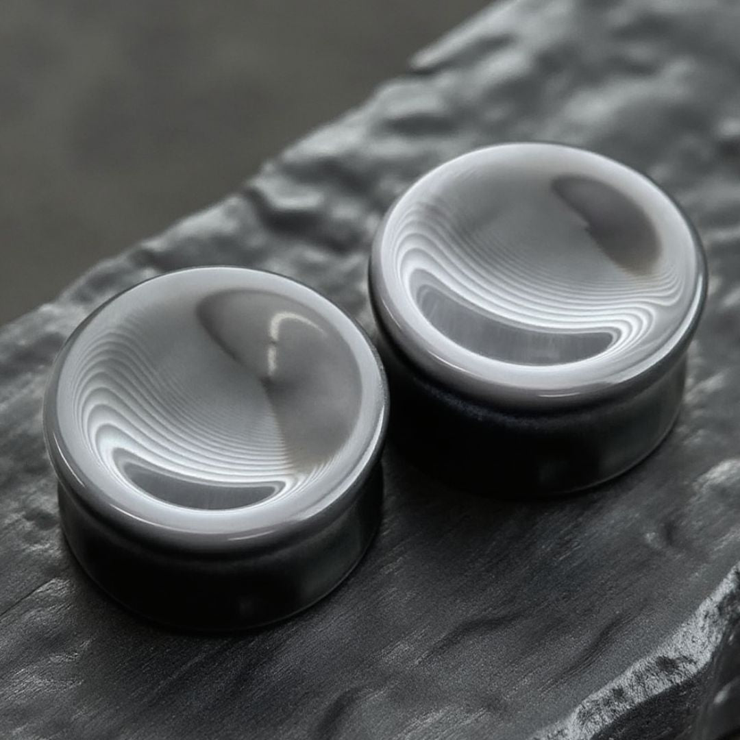 A pair of concave silver dragon eye stone plugs for stretched lobes