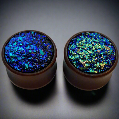 wood plugs for stretched ears with a faux blue druzy stone top