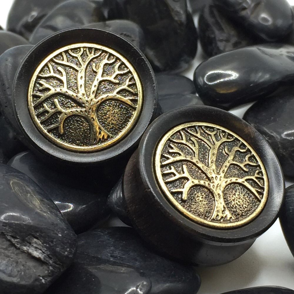 Ebony Wood With Brass Viking Tree of Life Plugs ThePlugCrate