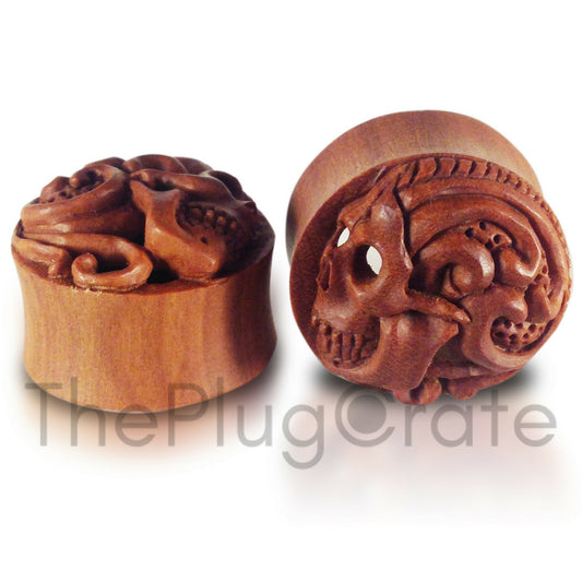 Bali Hand Carved Sugar Skull Plugs on Sawo Wood